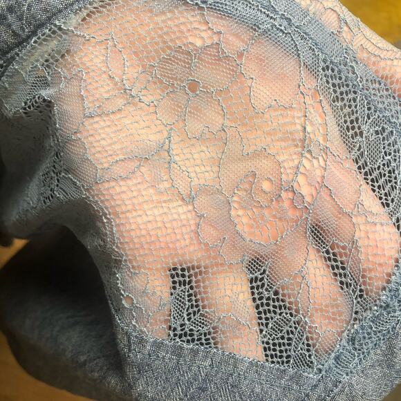 American Eagle Blue Denim Chambray Lace Long Sleeve Button Down Shirt - Picture 4 of 11